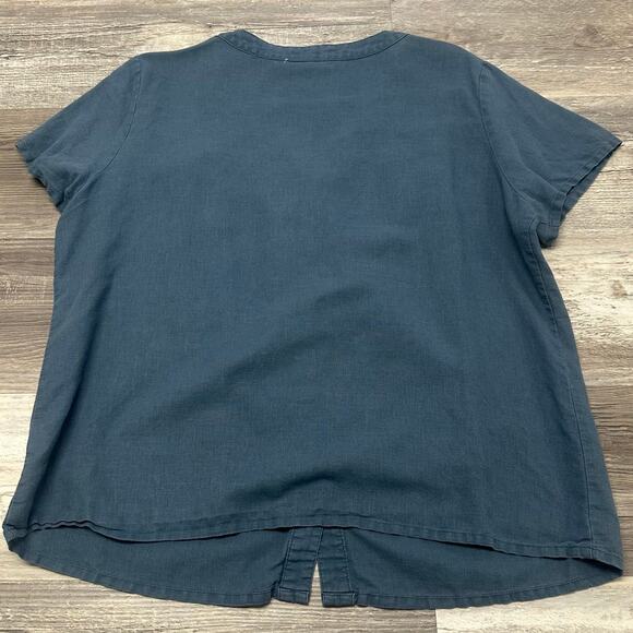 Grae Cove Navy Blue Womens L Coastal Casual Chic Linen V-Neck Button Up Blouse - Picture 2 of 8